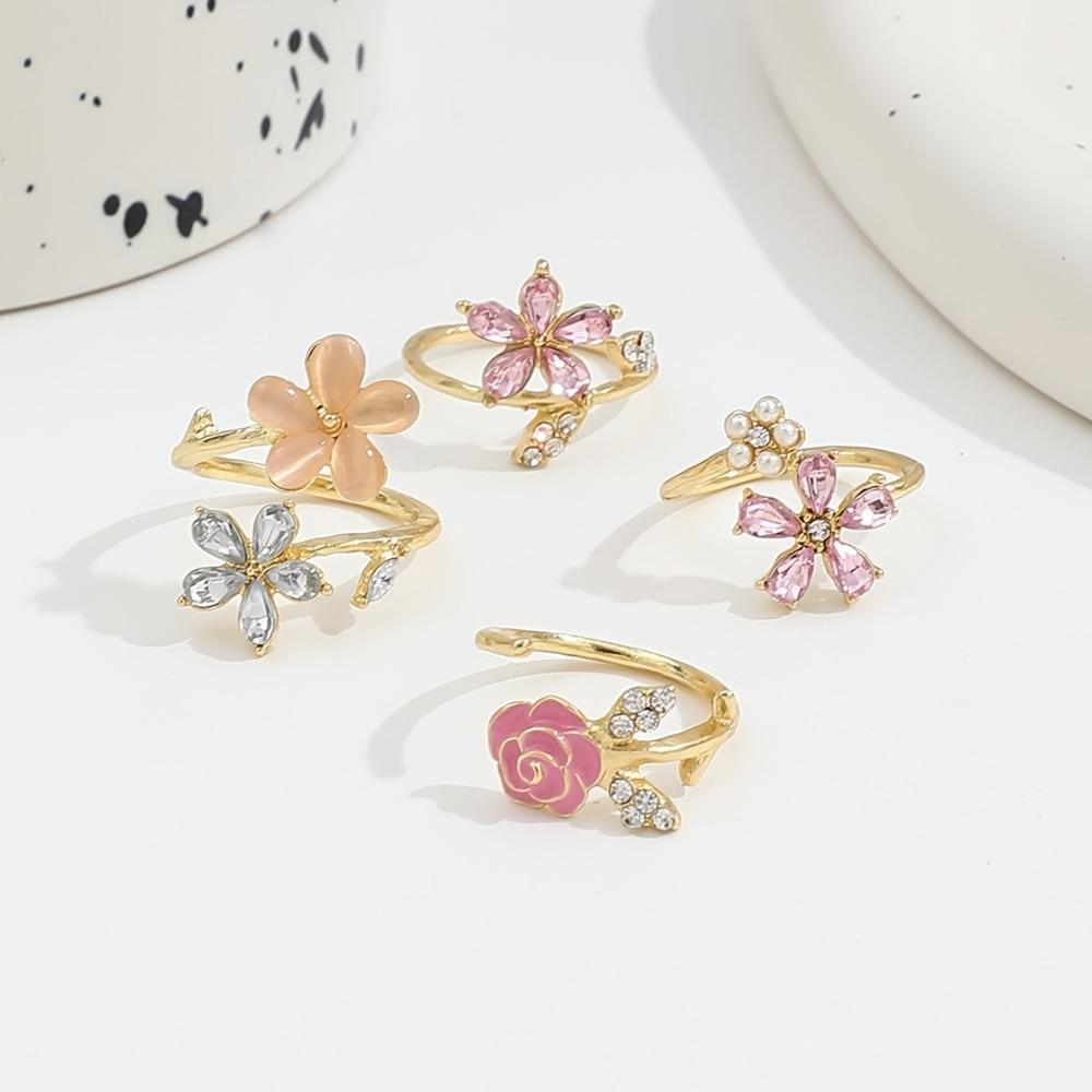 4 pcs Light Luxury Opening Finger Ring Crystal Finger Jewelry Rhinestone Flower Rings Party