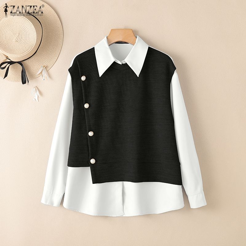 ZANZEA Women Caual Turn Down Collar Long Sleeve Autumn Patchwork Blouse