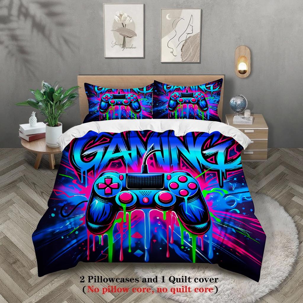 3PCS Neon Graffiti Gaming Controller Duvet Cover Set Vibrant Gaming Bedding for Teen Boys No Insert Queen Size Trendy Room Decor