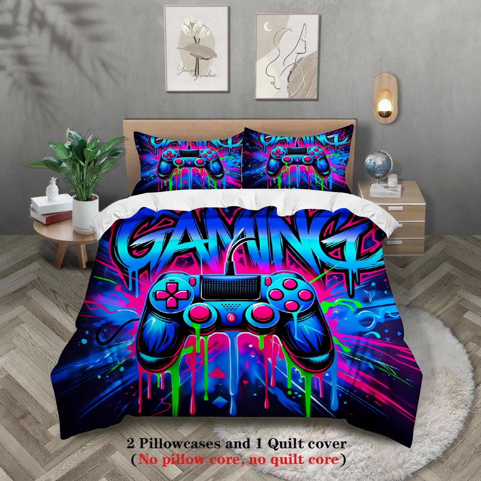 

3PCS Neon Graffiti Gaming Controller Duvet Cover Set Vibrant Gaming Bedding for Teen Boys No Insert Queen Size Trendy Room Decor 135x200cm