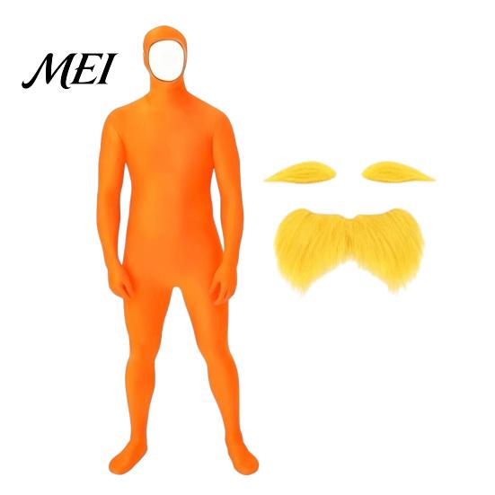 Soft Stretchy Bodysuit Face Open Halloween Costume, Unisex Full Body Orange with Beard Elastic Fabric Costume Eyebrows for Men Women, Adult