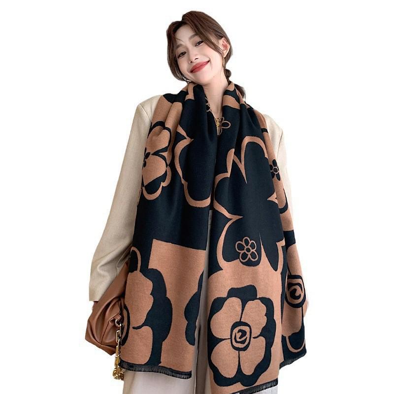 2025 Women's Light Luxury Black & White Camellia Shawl Cardigan - High-End Versatile Spring/Summer Scarf