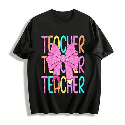 Cute Bow TEACHER Print Casual Women's Top Pure Cotton T-shirt