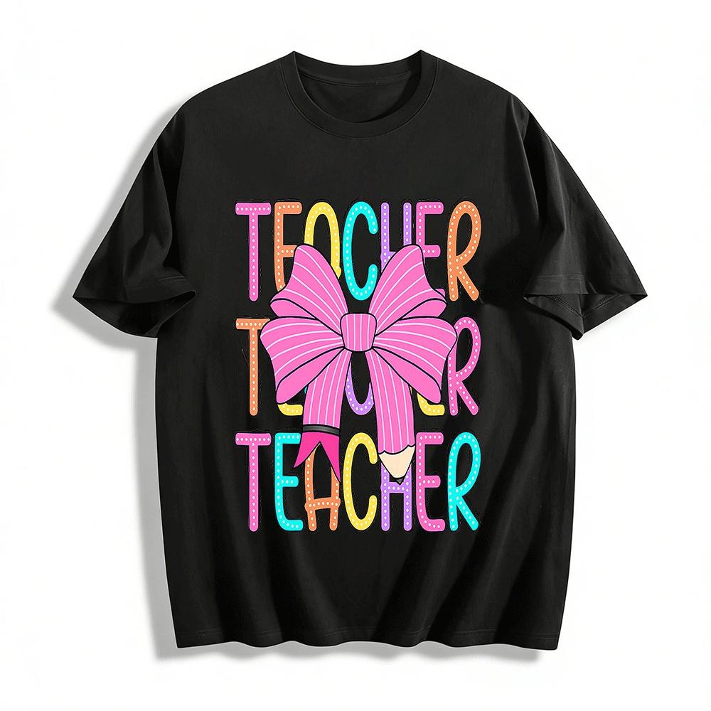 Cute Bow TEACHER Print Casual Women s Top Pure cotton T-shirt XXS