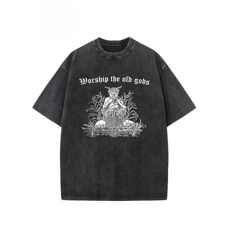 

European sizes Men S Washed Short-Sleeve T-Shirt Featuring The Old Gods, Perfect for Daily Gatherings with a Dark Occult Pagan Vibe S чёрный