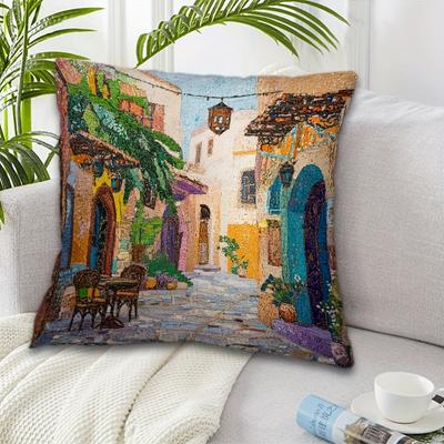 2D Flat - 1pc Retro Moroccan Street Scene 45.72X45.72 Cm Pillowcase, 2D Flat Printing, Zipper Closure - Short Plush, Non-Real Embroidery Feel, Ideal F