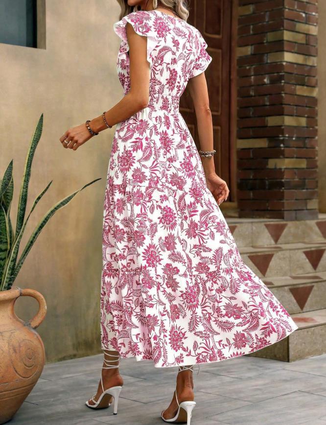 Yahua Women's Bohemian V-Neck Floral Dress - Elegant Summer Waist-Cinching Commuter Style 2026