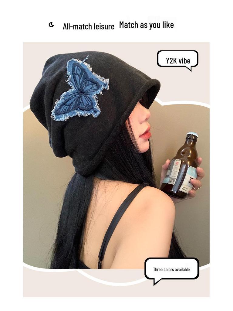 Women's Butterfly Retro Knitted Hat - Autumn/Winter Warm, Solid Color, Rolled Edge Pullover, Small Face Enhancing Design
