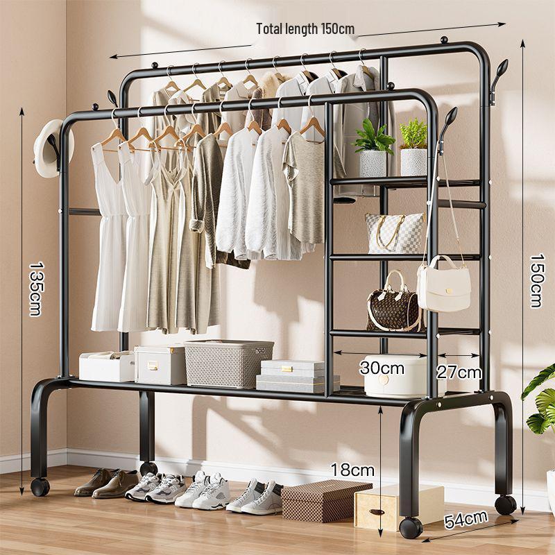 Indoor Double-Rod Floor-Standing Clothes Rack for Balcony or Bedroom