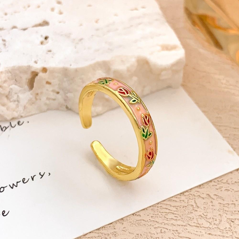 Unique Vintage Geometric Ring Flower Adjustable Tulip Ring Bohemian Enamel Open Ring Parties