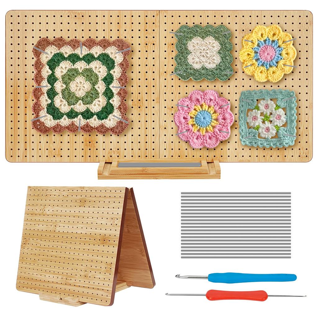 UHAPEER Wooden Blocking Board Blocking Board Knitting Crochet Board with 20 Stainless Steel Rods and 2 Crochet Hooks 882 Holes Foldable Blocking Board
