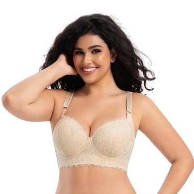 Plus Size Lace Push-Up Bra with Underwire, Side Support & Deep V Design