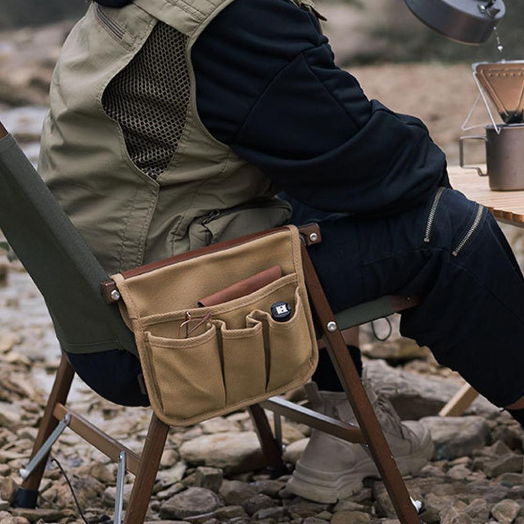 Chair Armrest Bag Large Capacity Waterproof Canvas Beach Chair Hanging Storage Pouch for Outdoor Camping Picnic Khaki