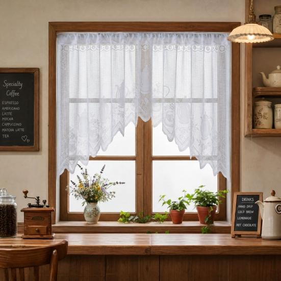 Perdea Semi-dantelată, Structură de Ridicare Reglabilă, Perdea Transparentă cu Broderie Florală, Plasa de Protecție Anti-praf, Perdea de Cafea