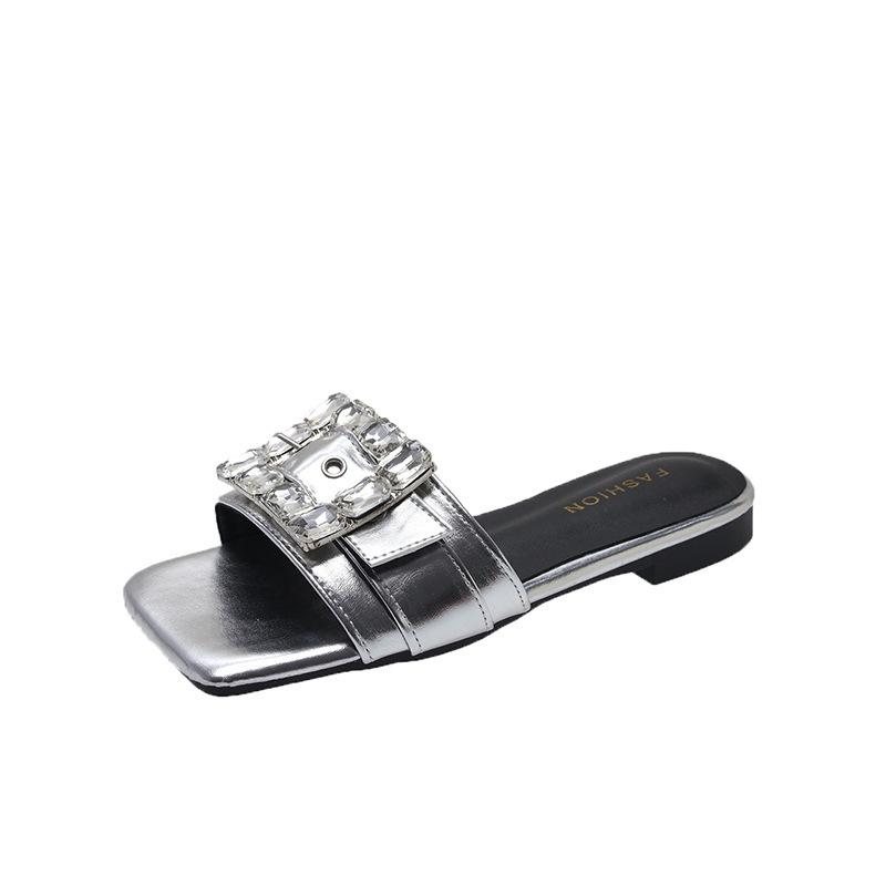 Flat Bottom High-end Sandals Outside Women's Shoes, New Summer French Fairy Rhinestone Square Buckle One-word Slippers