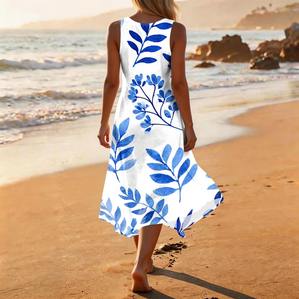Women's Casual Sleeveless Floral Print Dress Round Neck Irregular Hem Mid-Length Dress Lightweight Summer Dress