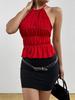 2026 Summer Solid Color Pleated Halter Neck Women's Open Back Lace-up Top