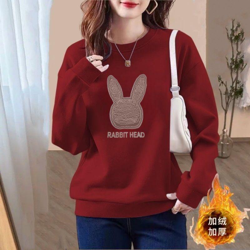 Women's Velvet Thickened Sweatshirt 2025 New Autumn and Winter New Round Neck Loose Bear Print Outer Top
