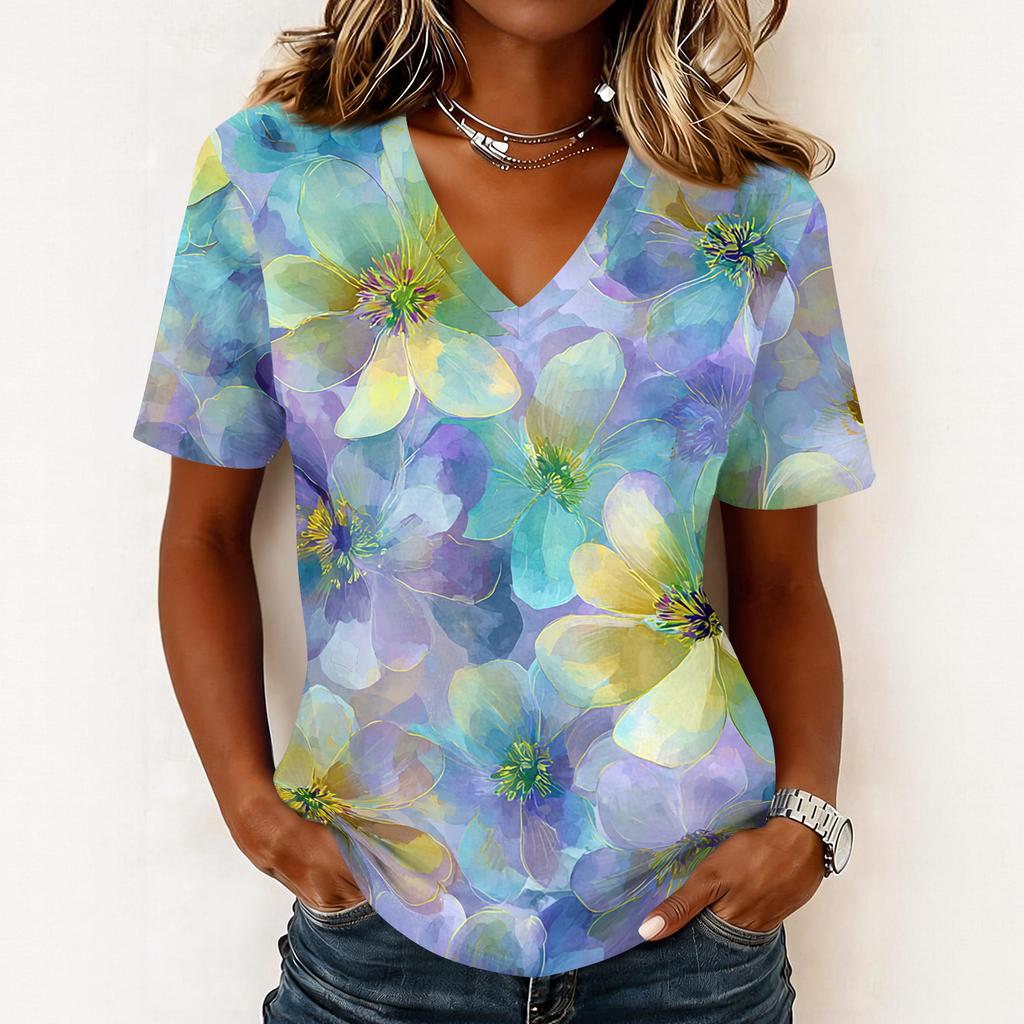 Women's fashionable casual short-sleeved floral print V-neck pullover top