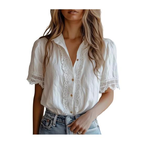 

Women Shirt Lapel Short Sleeve Lace Splicing Shirt Tops Pure Color Loose Fit Casual Shirt Daily Wear M білий