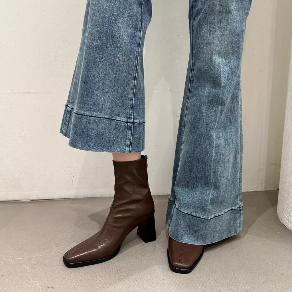 Müde Füße Jahr quadratischer Kopf Winter nicht dünne Stiefel nackte Stiefel vielseitig Reißverschluss hinten langer dicker Absatz elastisch tragen