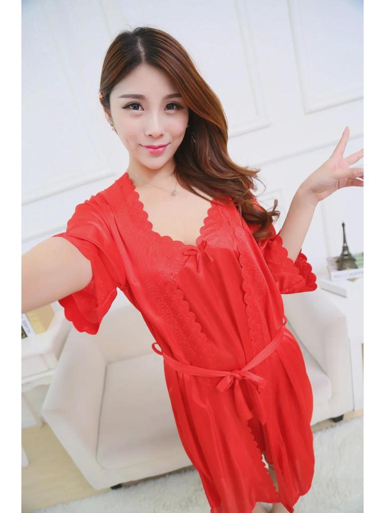 Pyjama-Set aus Eisseide und Spitze in Übergröße – Sexy, lockeres Sommernachthemd 