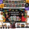 Mexican Day Of The Dead Party Decor Banner And Tableware Set With Paper Plates For Festive Celebrations