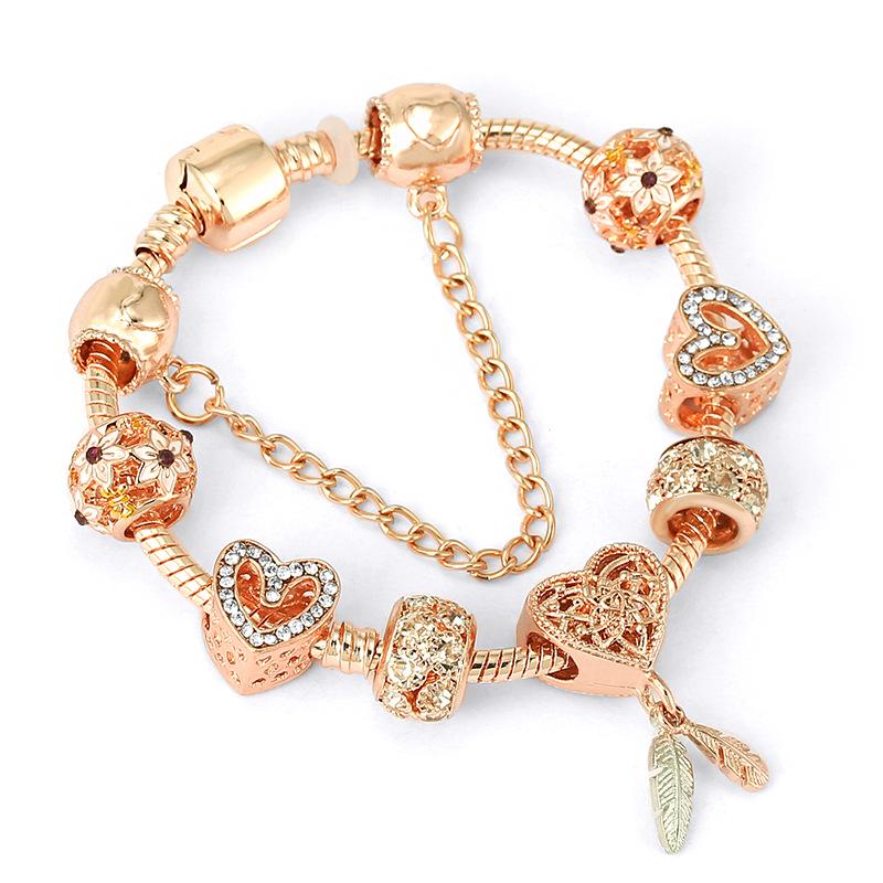 Pan's Rose Gold European Style Princess Crown Heart Pendant Bracelet for Women - DIY Customizable Series.
