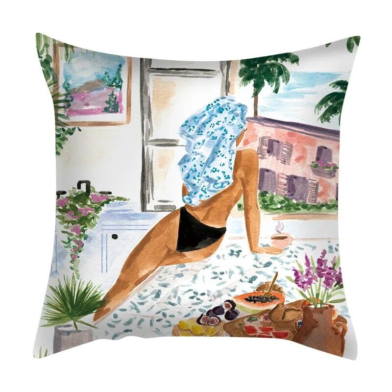 Zuhause Schlafzimmer Wohnzimmer Sofa Auto Stoff Kissenbezug Kissenbezug Grüne Pflanze Meerblick Kissen