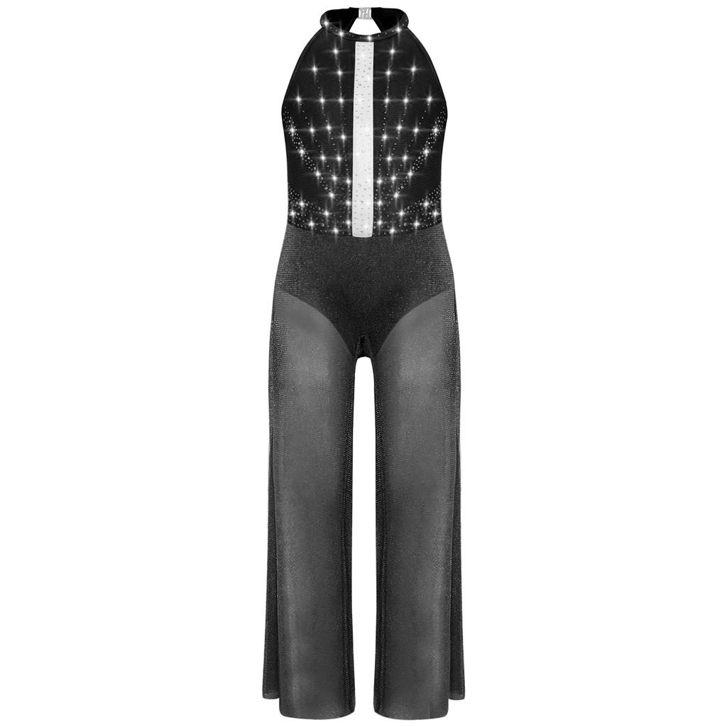 Flickor Vida Ben Dans Jumpsuit Ärmlös Nyckelhålsrygg Sidoslitsar Glittriga Strass Bodysuit Inbyggda Trosor