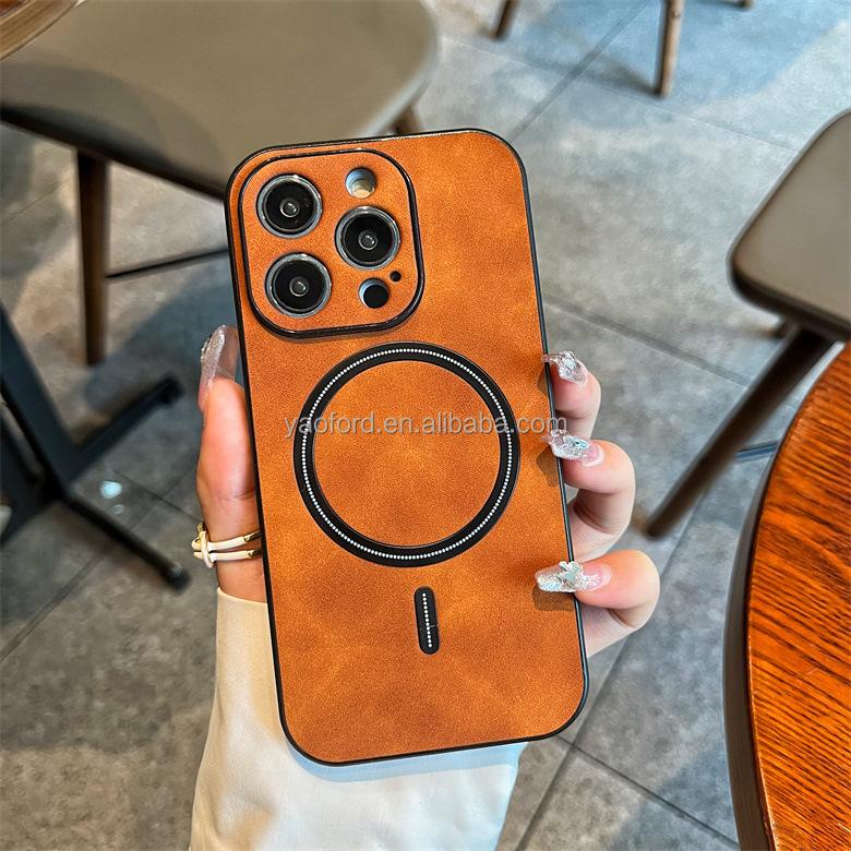 Magnetic Leather Texture Mobile Phone Case for Apple 16 Compatible for iPhone 15 Plus 14 Pro Max Full Grip IMD Soft Silicon TPU