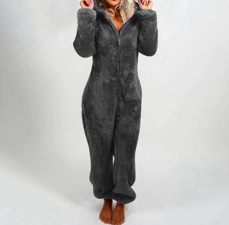 2024 Trendy Europese & Amerikaanse Fleece-Gevoerde Hooded Jumpsuit Pyjama voor Dames