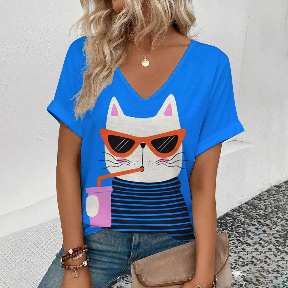 

Женская ретро-футболка с рисунком аниме-кота, женская одежда для девочек, летняя футболка с коротким рукавом и V-образным вырезом, женская уличная одежда в стиле Харадзюку, свободная блузка 8xl