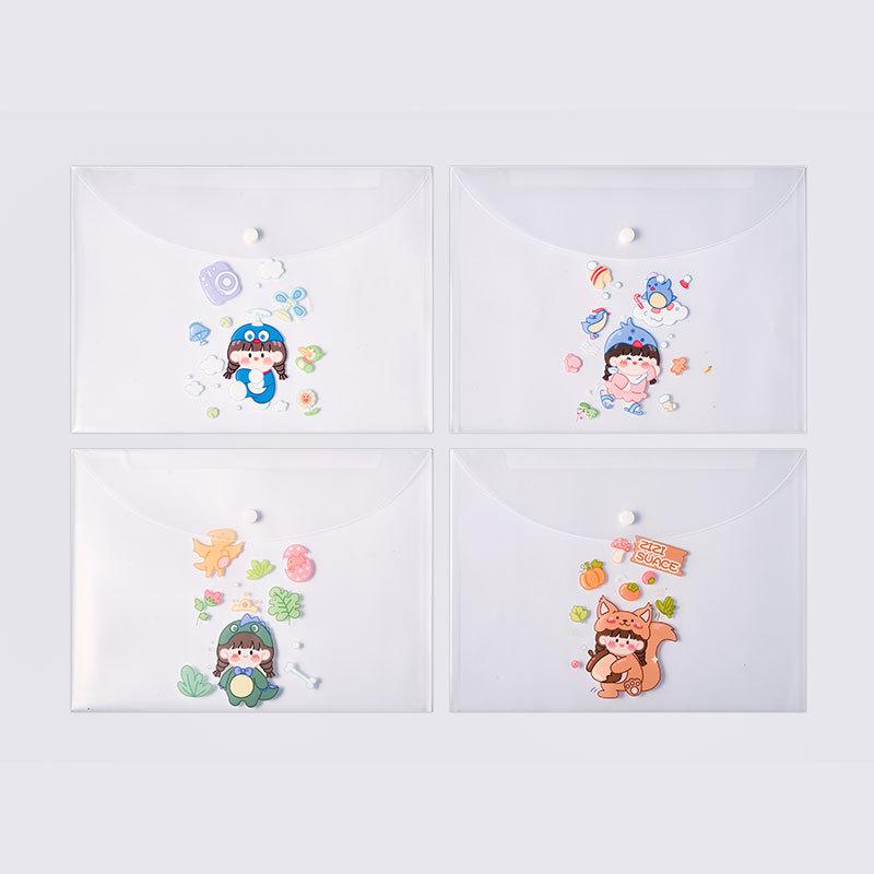 4pcs File Bags For Document Cute Cartoon File Holder Snap Button PVC Folder Pen Box Office Information Bag Student Stationery