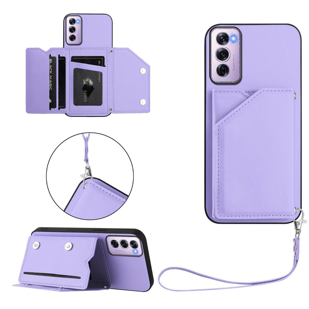 For Oppo Reno12 Pro 5G (Global) Case Card Holder Kickstand Skin-Touch Phone Cover with Wrist Strap