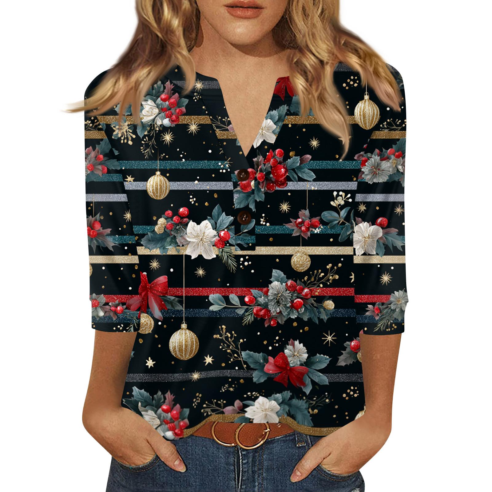 

Women s T Shirt Print Button 3/4 Sleeve Daily Weekend Fashion Basic V- Neck Regular Top M