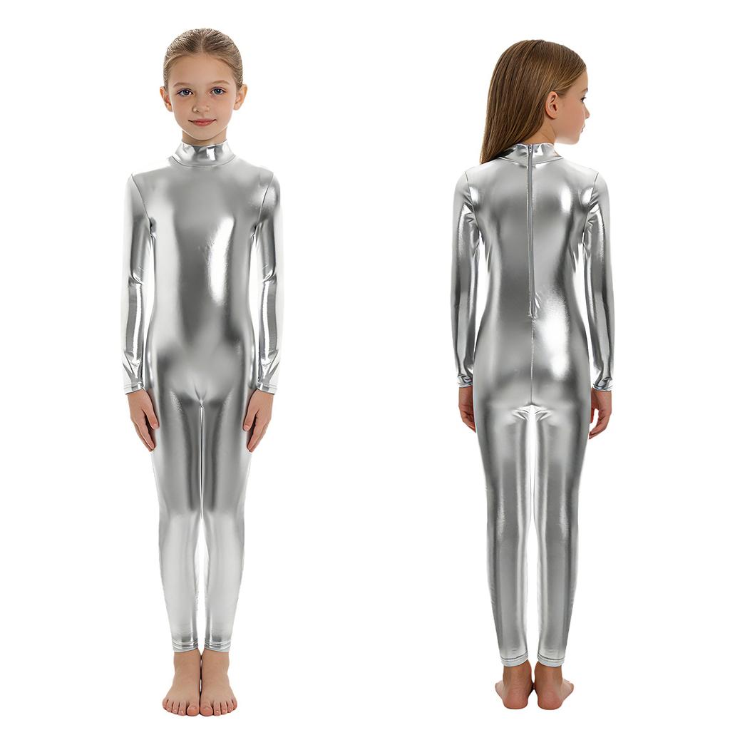 Barn Unisex Performance Jumpsuit Metallic Glansig, Långärmad Halsringad Helkroppsdräkt För Halloween & Dansrollspel