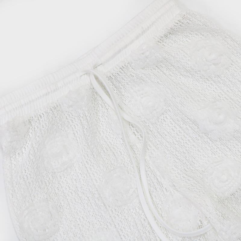 Women's Lace-Up Short Top with Loose Slim Pants Pure Colour See-Through Two Piece Set