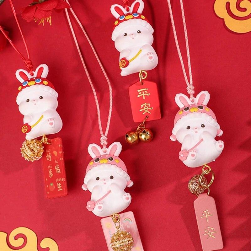 Cute Lucky Rabbit Car Pendant Amulet Blessing Rearview Mirror Hanging Alloy Key Bag Car Ornament Decor Couple Gift Xmas New Year