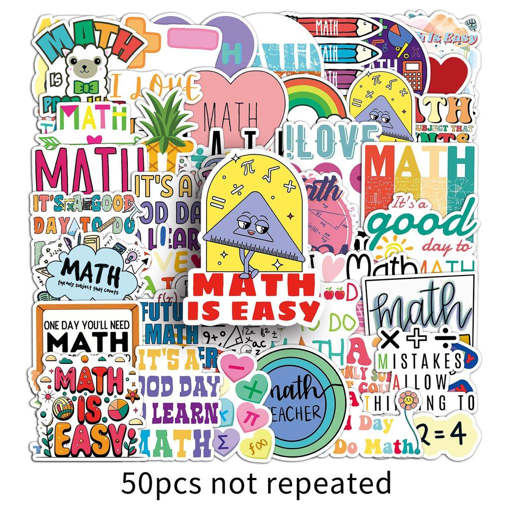 50 Math Doodle Stickers for Water Bottles Laptops Phone Cases Fun Cartoon Decals with English Slogans