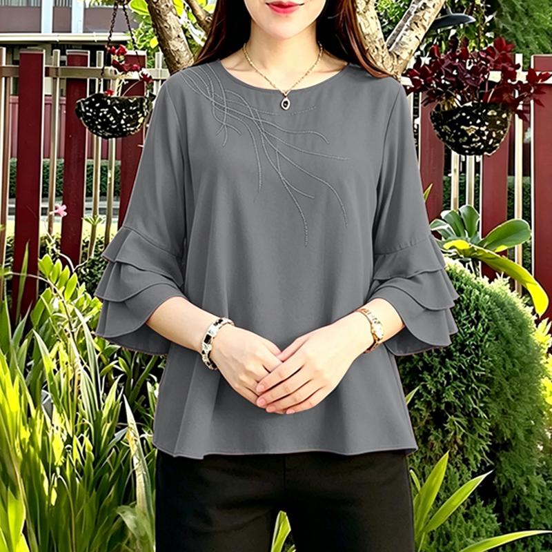 

ZANZEA Women Casual Round Neck 3/4 Sleeve Embroidery Print Loose Blouse Ruffles 5XL сірий колір