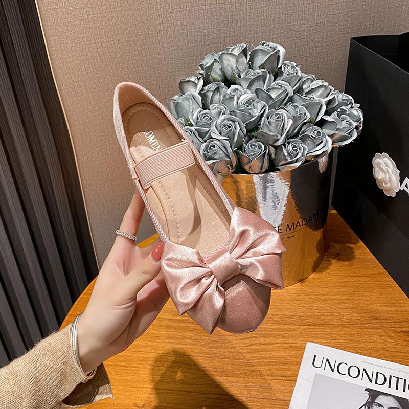 Fashion Elegant Woman Shoes with Low Heels Mary Janes Bow Tie Satin Ballet Flats Pumps Round Toe  Ladies Shoes