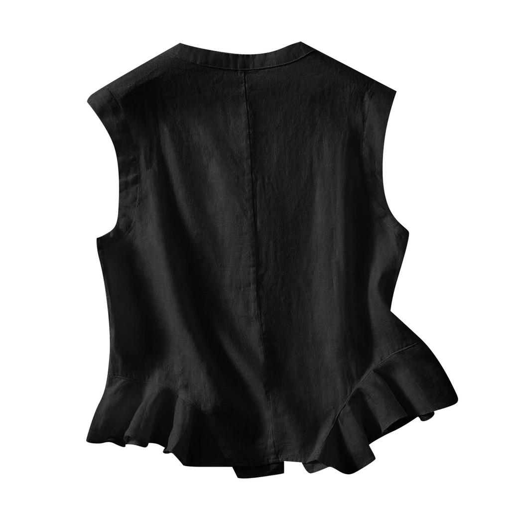 Women's Minimalist Loose Fit Cotton Linen Blend Elegant Tank Top With Ruffled Hem And Button Detail