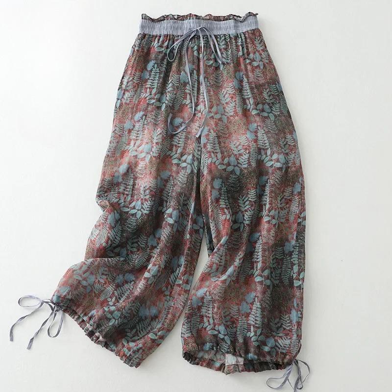 Vintage Floral Print Thin Ramie Pants Women Summer Elastic Waist Ankle-Length Trousers Loose Wide Legs Pants