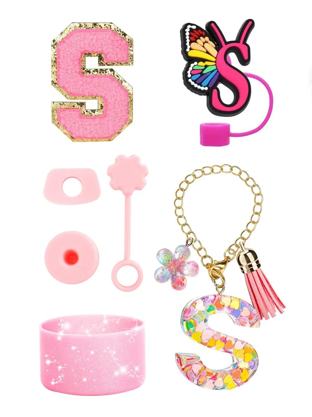 

Набор из 7 предметов аксессуаров для стакана Stanley 30 унций 40 унций, инициалы, силиконовая крышка для соломинки, колпачок, чехол, ручка с буквой, подвеска, наклейка