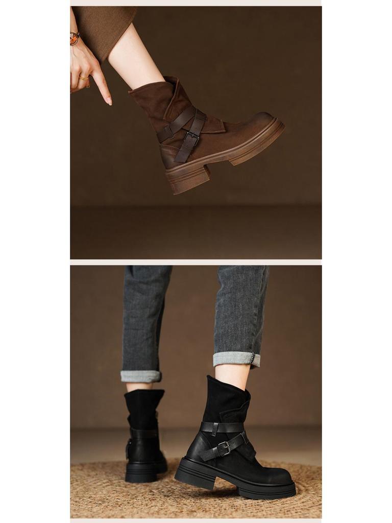 Brand Heavy British Retro Genuine Leather Lace-Up Martin Boots, Chunky Mid-Heel Ankle Design for Women