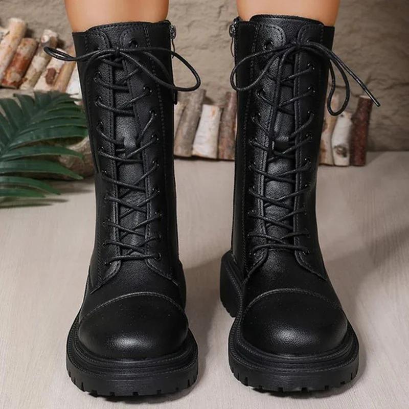

Мода Мода Однотонные Ботинки до середины икры на молнии для женщин Осень Зима Платформа Каблуки Мотоциклетные ботинки Женский темперамент Шнуровка Женская обувь 42 чёрный