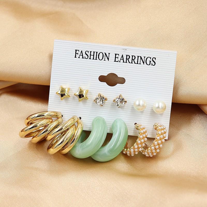 European & American Retro Geometric Hammered Textured Earrings 6-Piece Set: Creative Heart Diamond Stud & Alloy Earrings