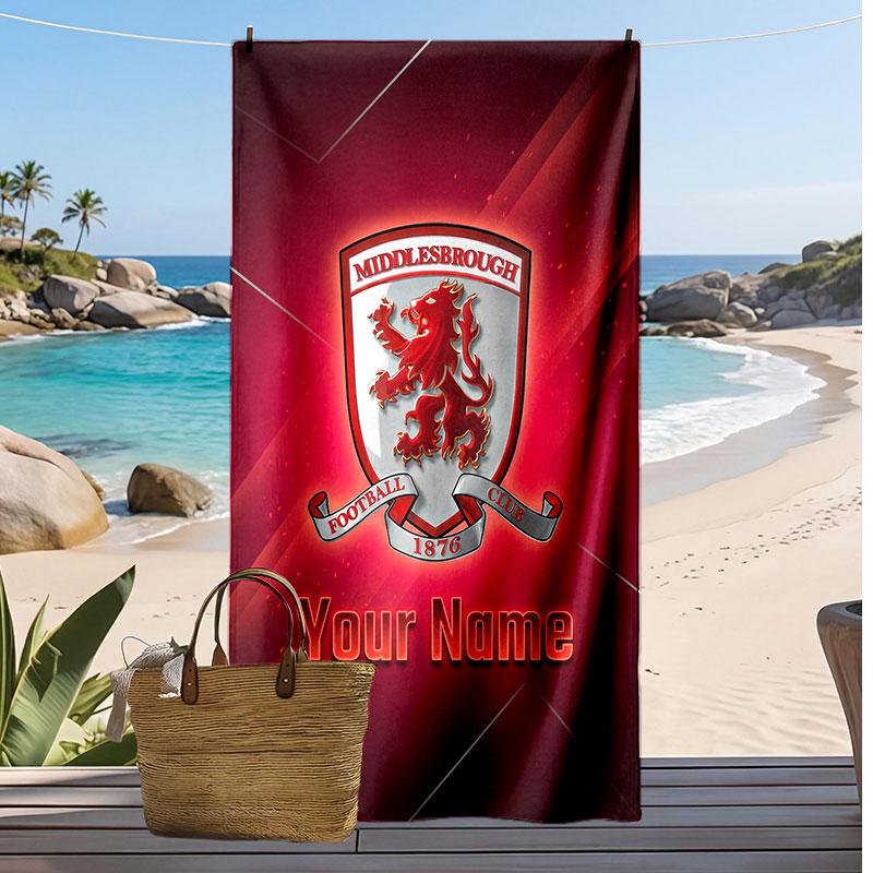 Asciugamano da Spiaggia Stampato Personalizzato Middlesbrough FC Logo Calcio Supporto Nome Personalizzato Testo Asciugamano Assorbente Per Sport Viaggio Regalo Speciale