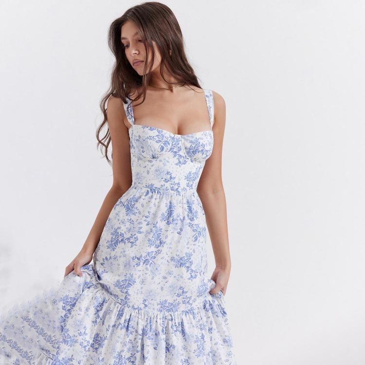 Summer Women Sleeveless Halter Square Neck Pleated Print Ankle Length Dress